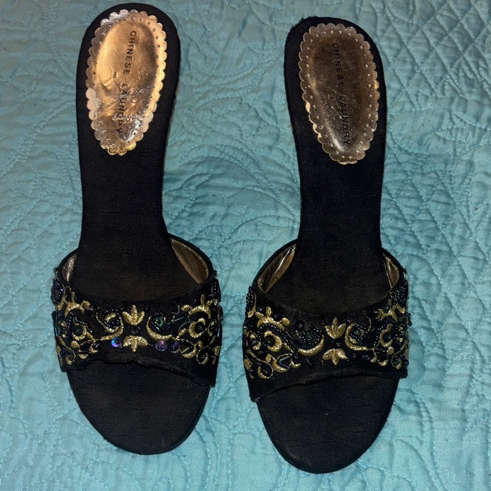 Chinese Laundry Black Mules with Gold Embroidery